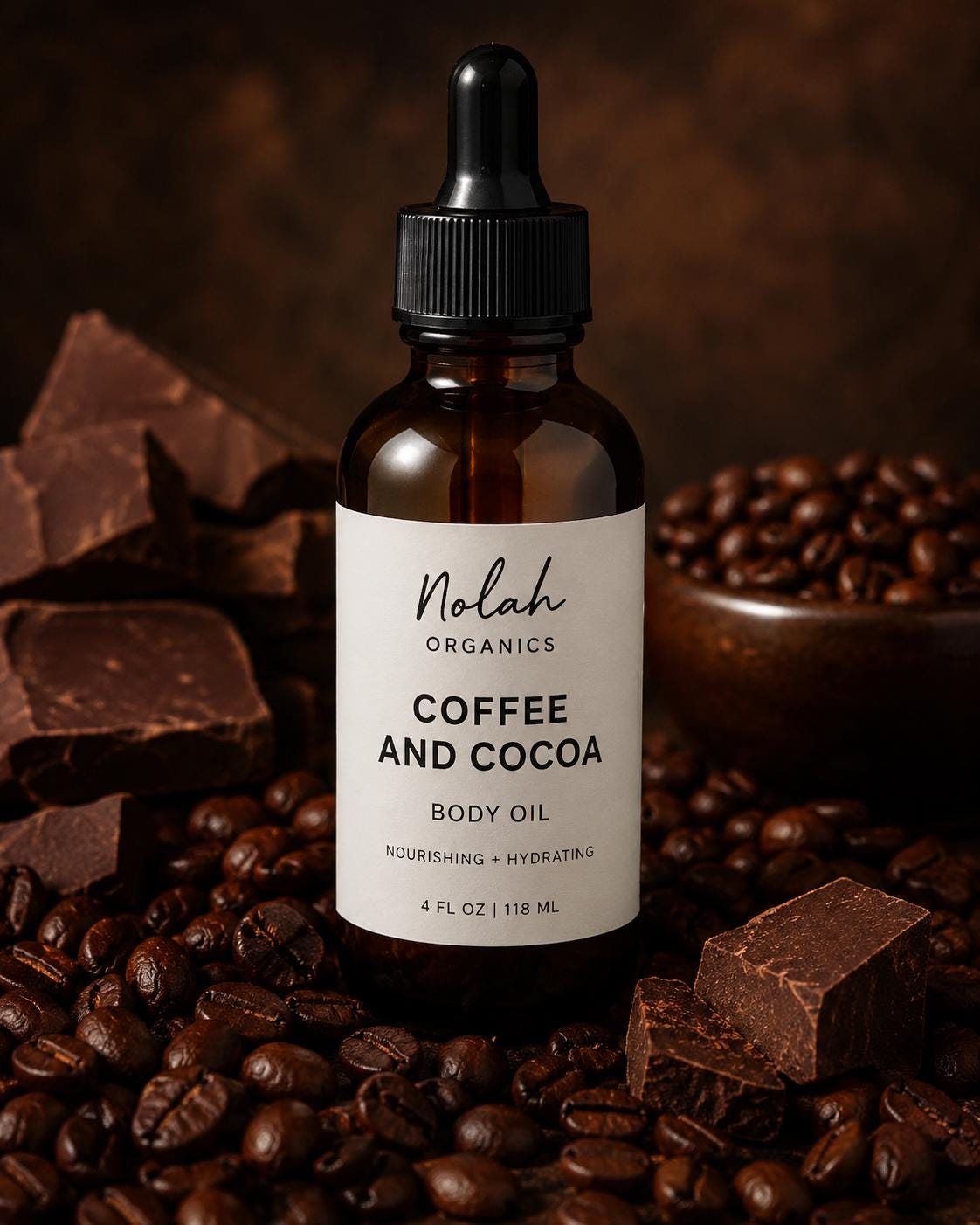 Grapeseed body oil scented with dark-roast coffee and cocoa