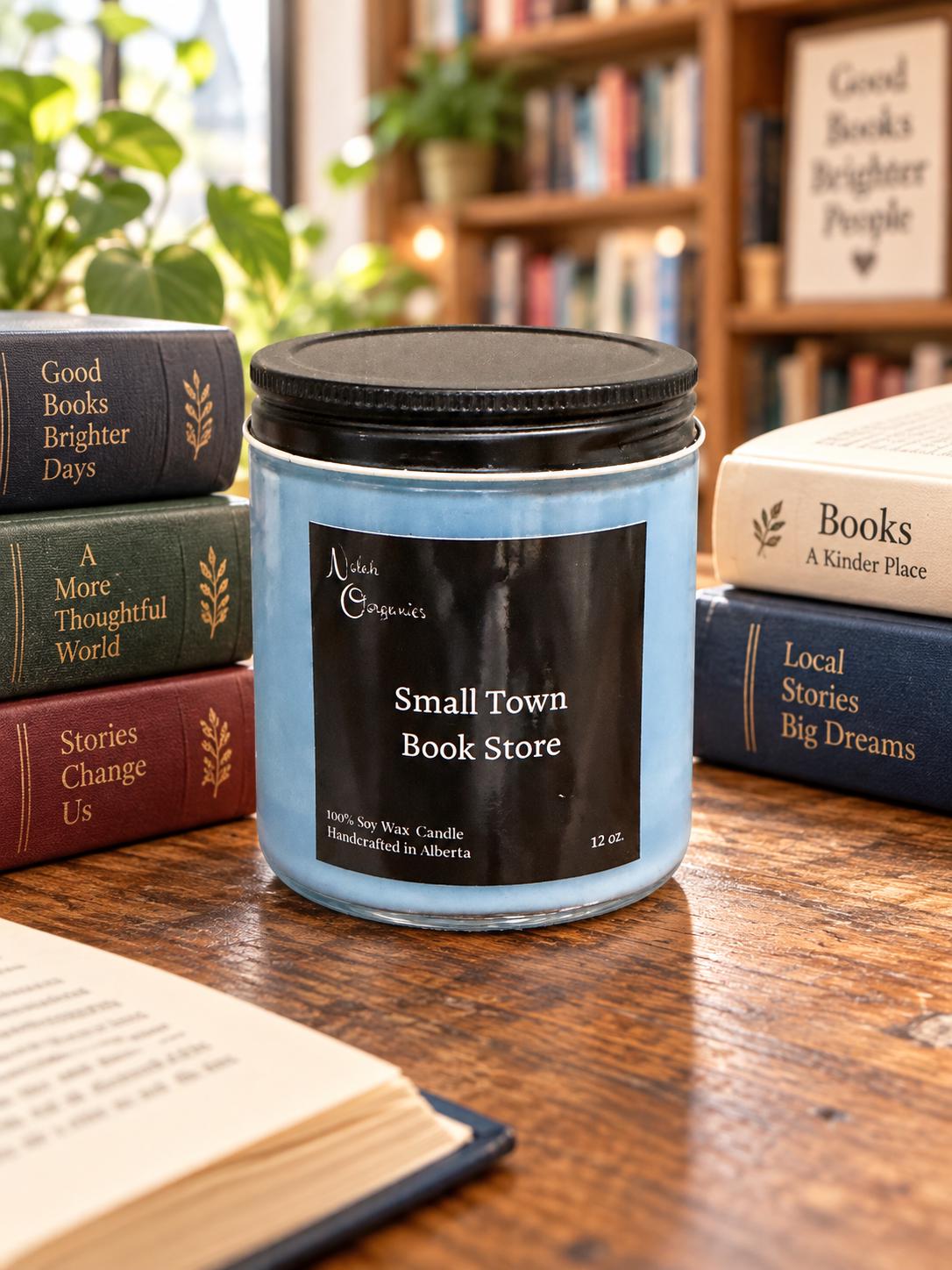 Small Town Bookstore Palo Santo candle displayed among books in a cozy reading setting