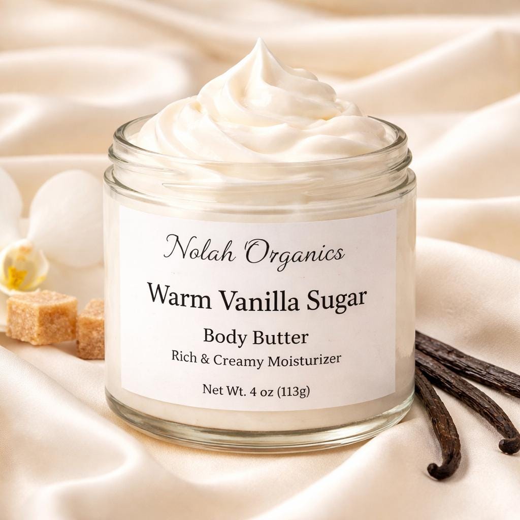 Open jar of Nolah Organics Warm Vanilla Sugar Whipped Body Butter with vanilla beans and brown sugar