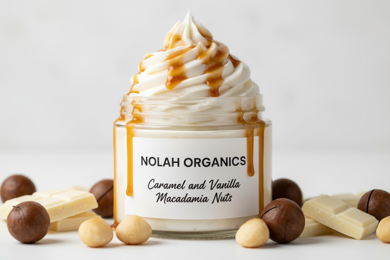 Make ma a photorealistic photo of My Nolah Organics Body Butter in a clear jar called Caramel and Vanilla Macademia Nuts. The white body butter is swirled high. There is caramel dripping from the top of the swirl down the jar. The label is white with black writing. It is surrounded by macademia nuts and white chocolate.