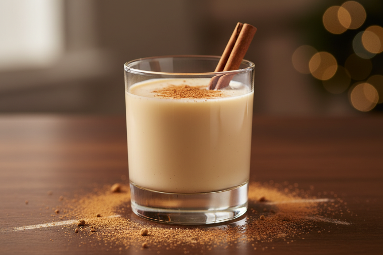 Make me a photo realistic photo of a clear glass of eggnog with a cinnamon stick in it. There is a dusting of cinnamon on the top of the eggnog and around the glass.