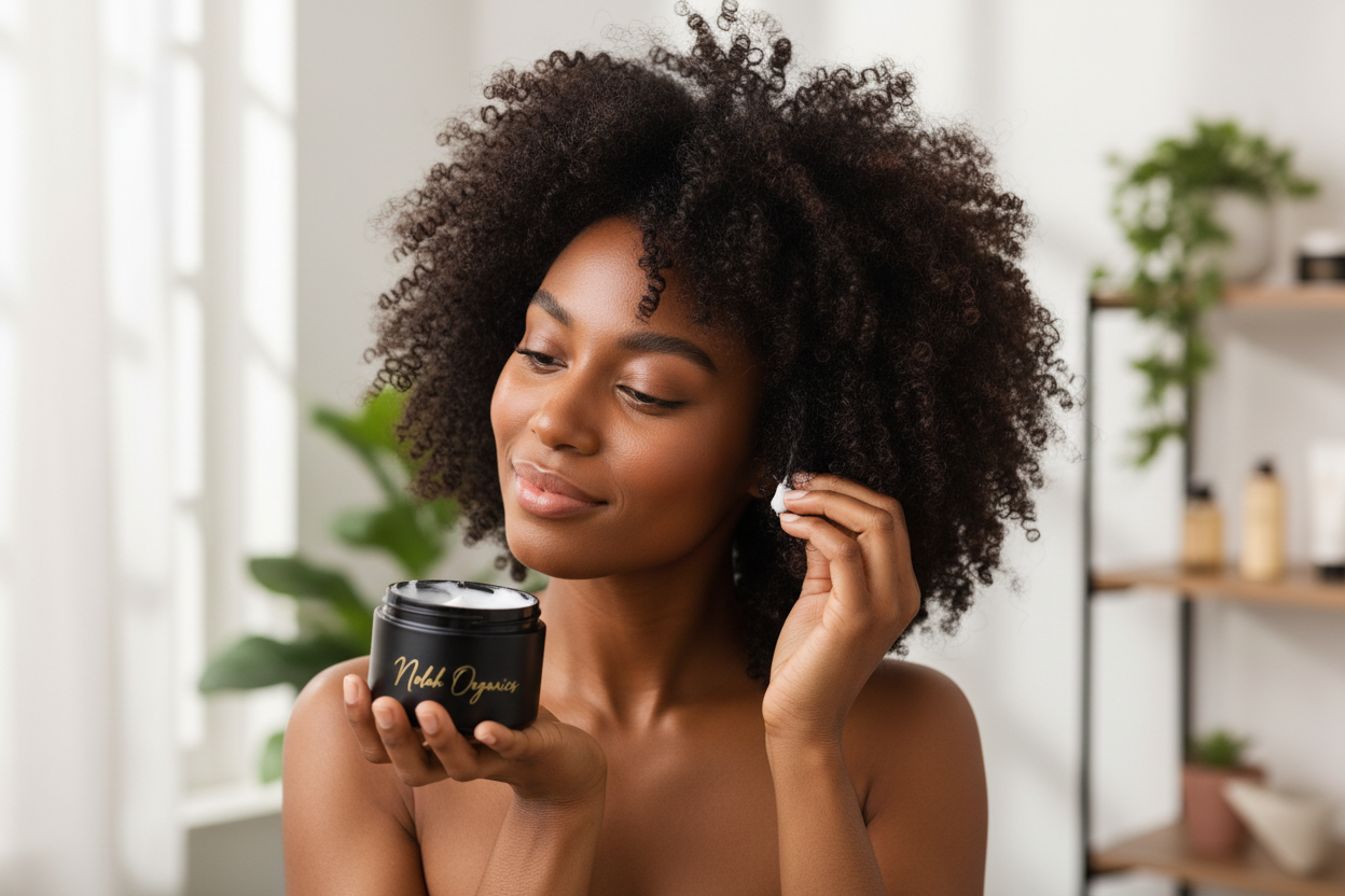 Make me a photorealistic photo of a black woman holding a a black jar that says Nolah Organics. She is applying cream to her afro hair.