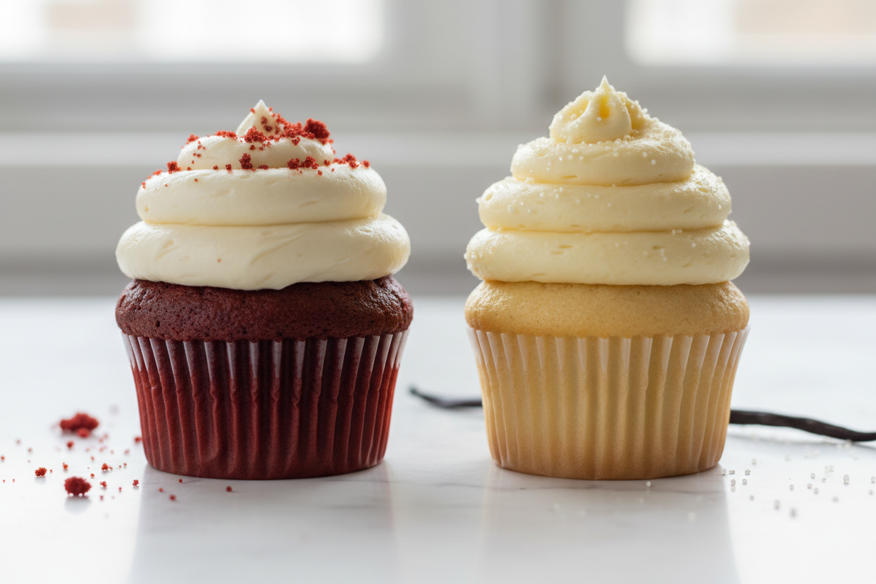 Make me a photorealistic photo of a Red velvet cupcake and a vanilla cupcake next to each other.