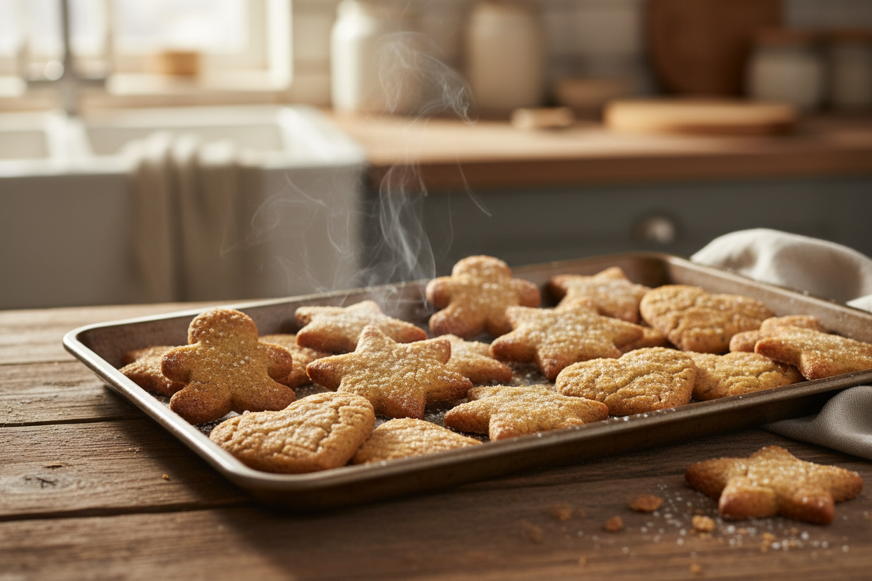 make me a photorealistic photo of a tray of freshly baked gingerbread cookies fresh out of the oven.