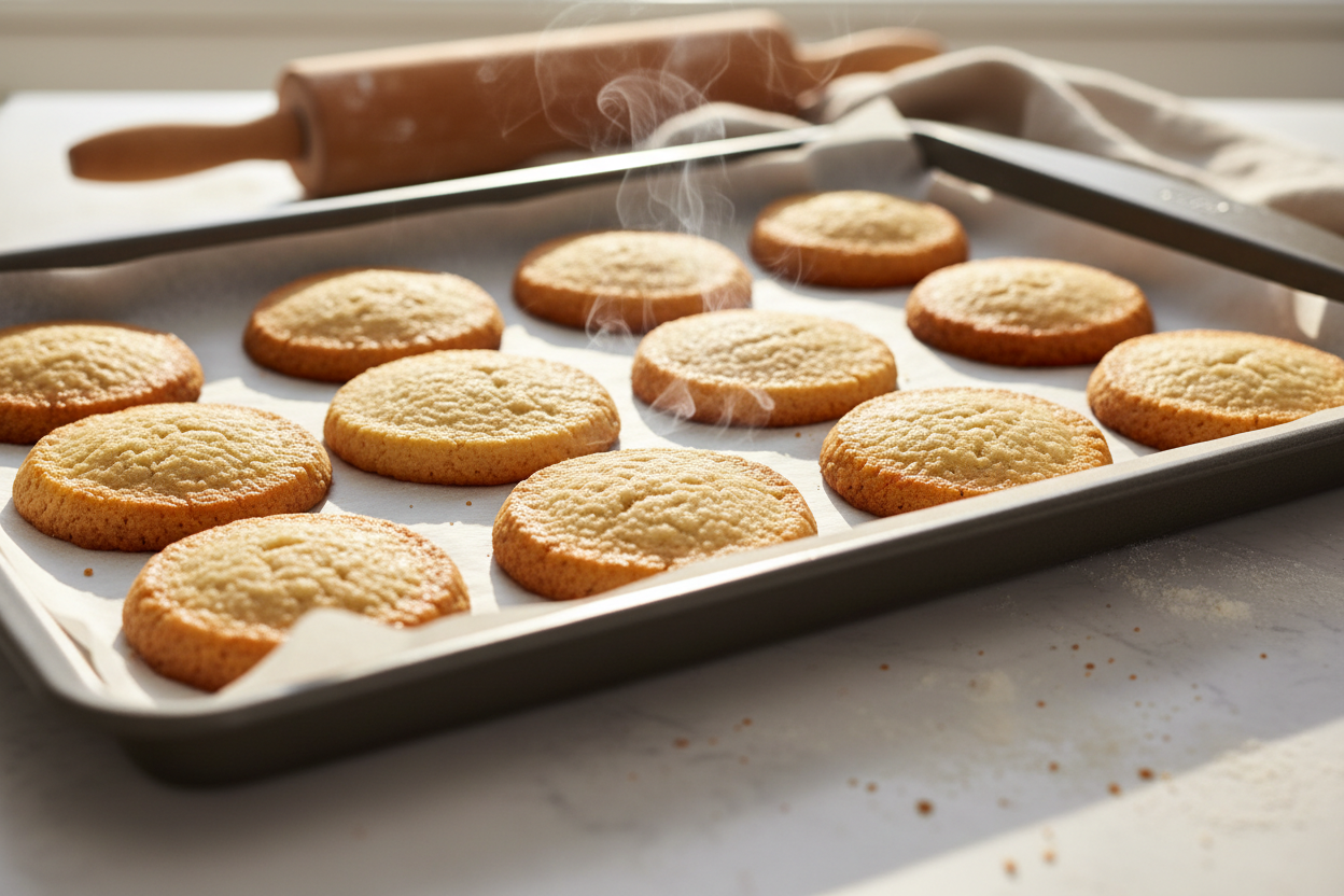 Make me a photorealistic photo of a tray of freshly baked shortbread cookies.