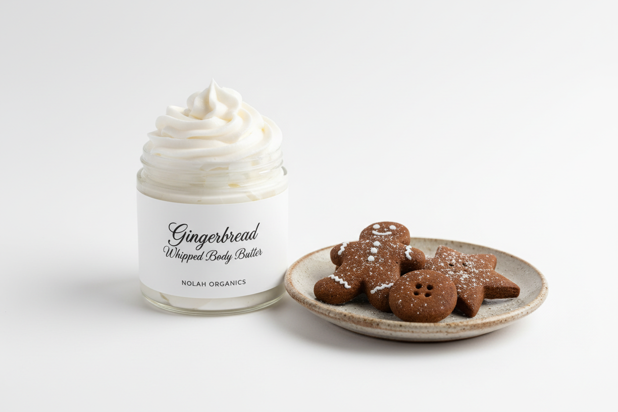 Make me a photorealistic photo of my Nolah Organics Body Butter called Gingerbread Whipped Body Butter. The label is white with black writing. The body butter is white and swirled high. There is a plate of gingerbread cookies next to the jar. 