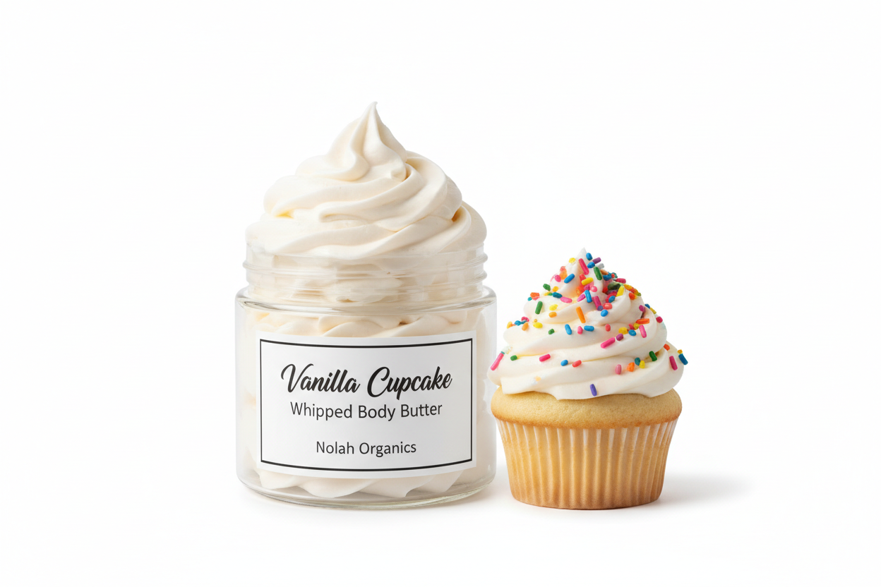 Make me a photorealistic photo of my Nolah Organics body butter called Vanilla Cupcake whipped Body Butter. It is in a clear jar and the body butter is swirled high. The label is white with black writing. It has a vanilla cupcake with rainbow sprinkles next to it. 