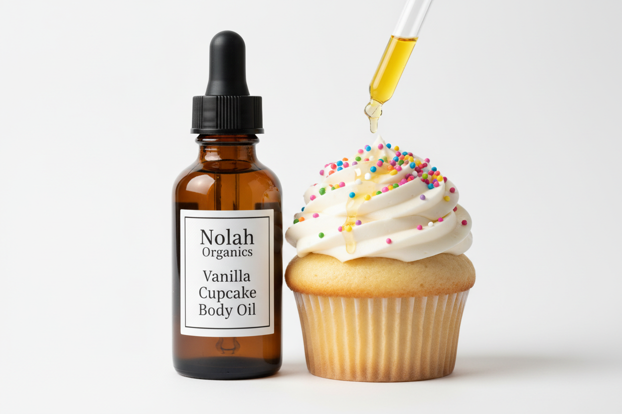 Make me a photorealistic photo of my Nolah Organics Body Oil called Vanilla Cupcake in a brown dropper bottle. The label is white with black writing. It is next to a vanilla cupcake with rainbow sprinkles. 