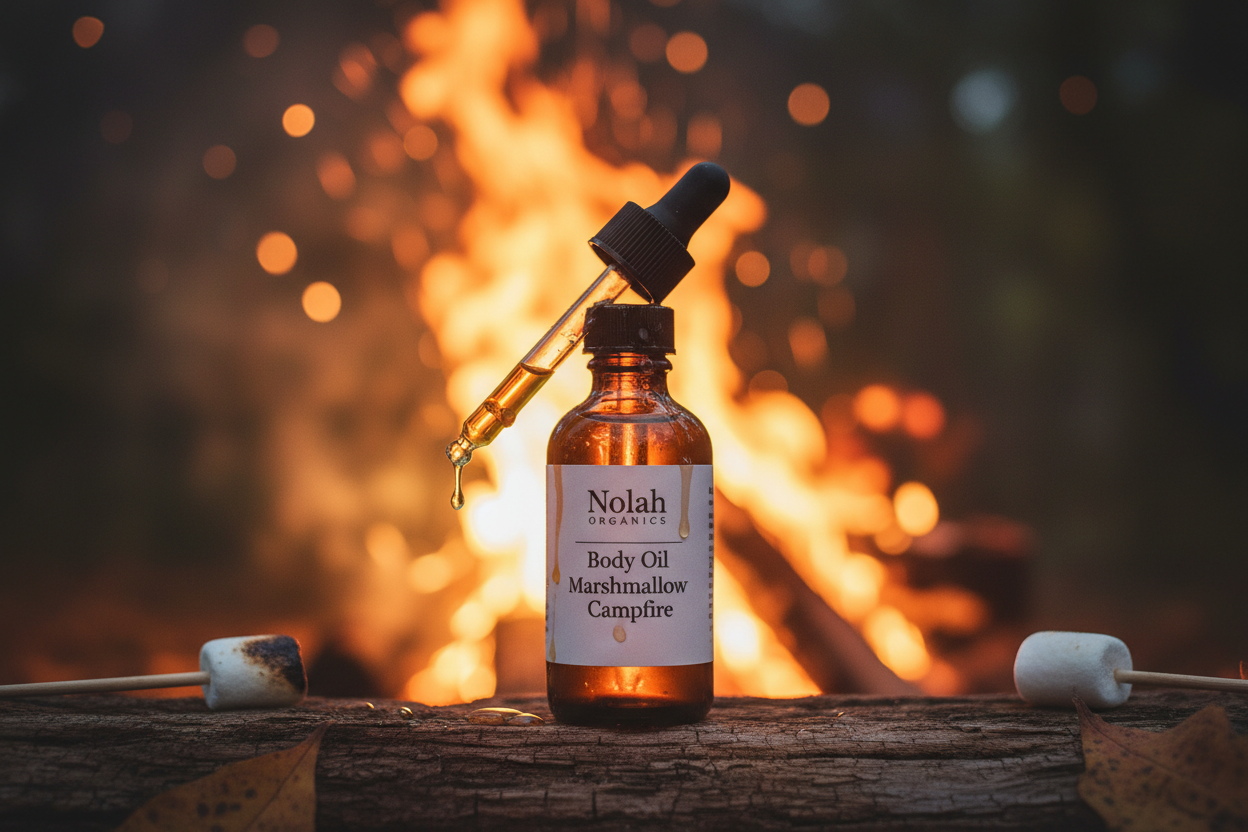 Make me a photorealistic photo of my Nolah Organics Body Oil Marshmallow Campfire. The body oil is in a brown dropper bottle. The label is white with black writing. It is in front of a burning campfire.