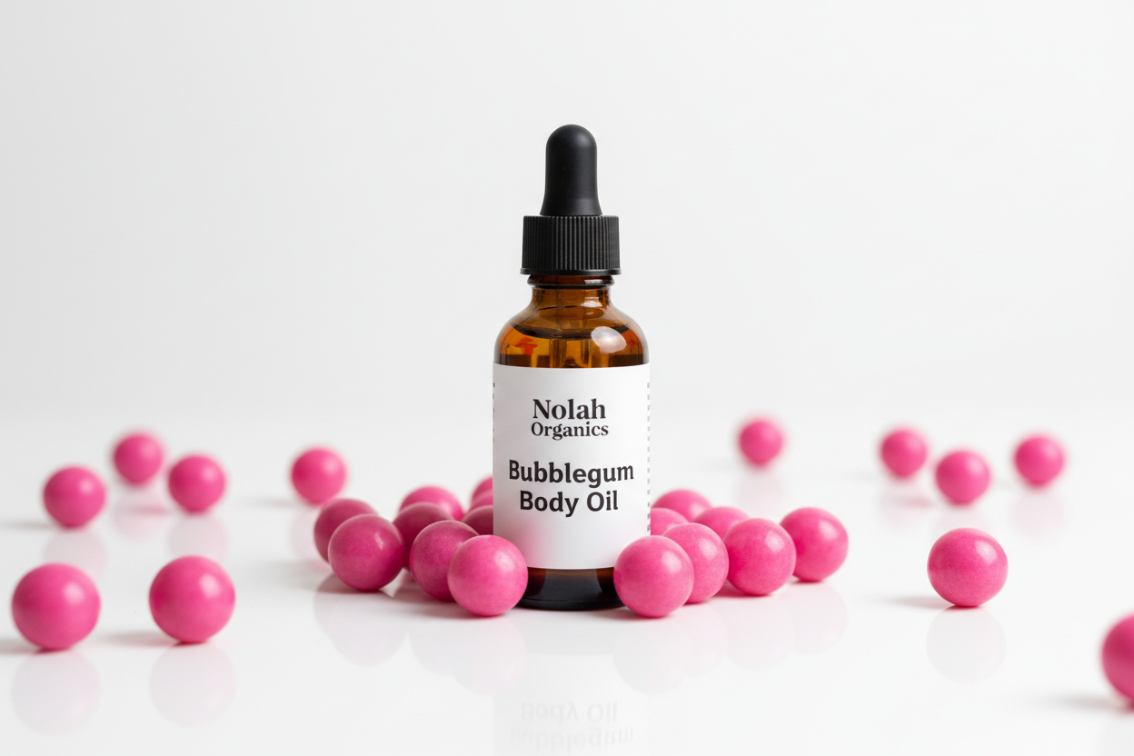 Make me a photorealistic photo of my Nolah Organics Bubblegum body oil in a brown dropper bottle. The label is white with black writing. There are bright pink round gum balls scattered around the body oil bottle.
