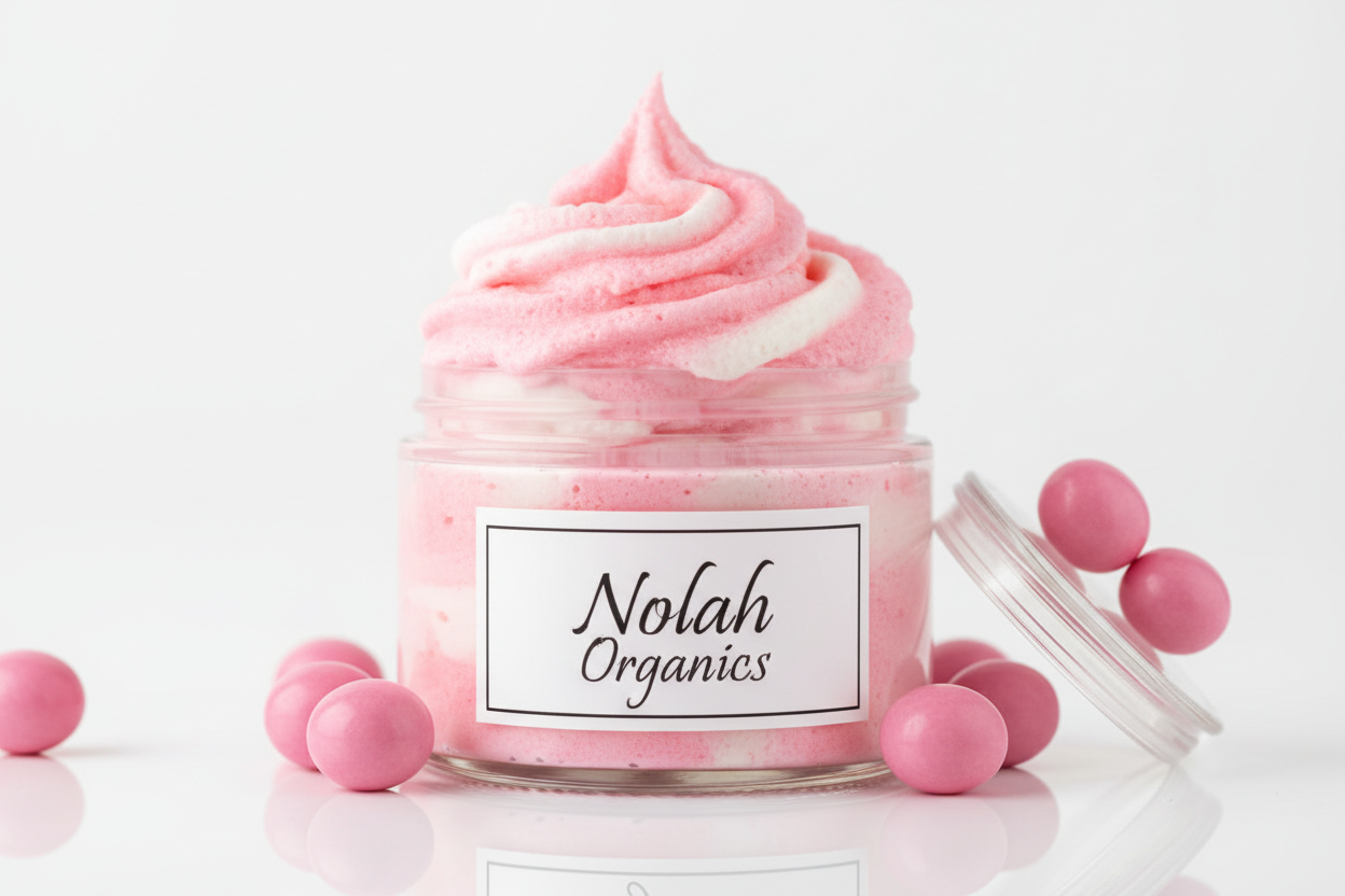 Make me a photorealistic photo of my Nolah Organics Bubblegum pink and white whipped sugar scrub. The whipped sugar scrub is in a clear jar and the scrub is swirled high. The label is white with black writing. There are bright pink round gum balls scattered around the sugar scrub.