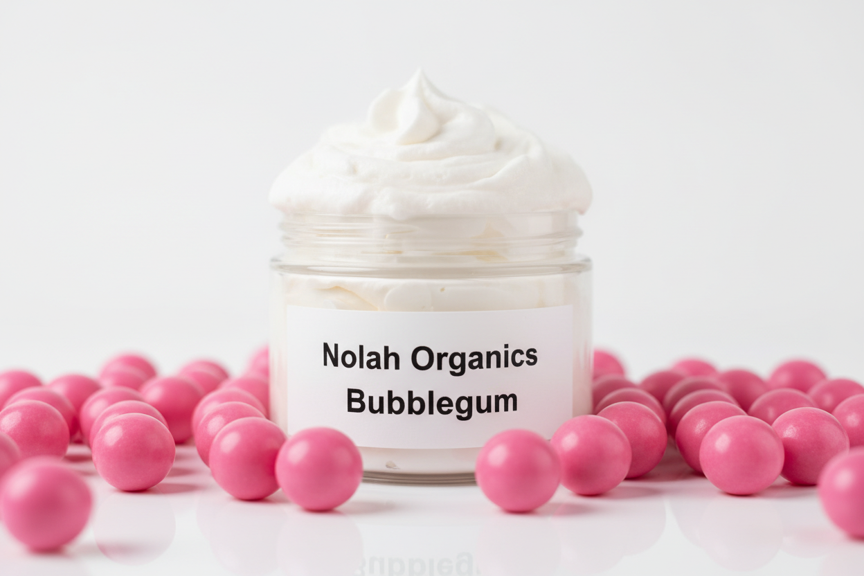 Make me a photorealistic photo of my Nolah Organics Bubblegum white body butter. The body butter is in a clear jar and the butter is swirled high. The label is white with black writing. There are bright pink round gum balls scattered around the body butter.