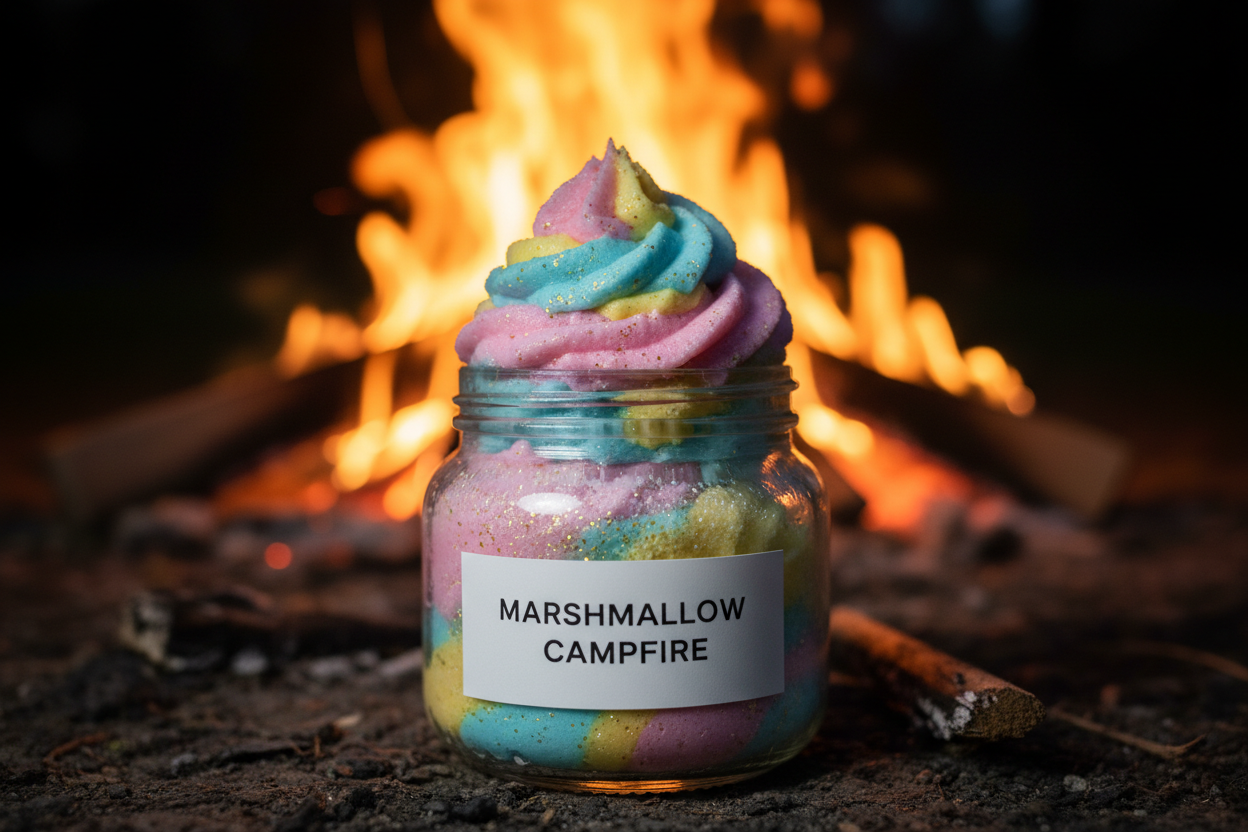 Make me a photorealistic photo of my Nolah Organics called Marshmallow Campfire whipped sugar scrub. The colorful sugar scrub is in a clear jar and the scrub is swirled high. It has a white label with black writing. It is in front of a burning campfire at night.