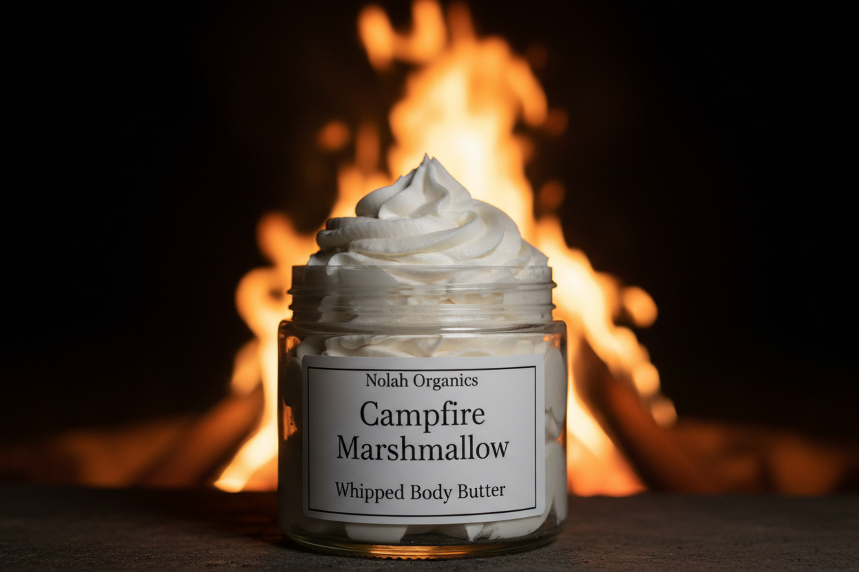 Make me a photorealistic photo of my Nolah Organics Campfire Marshmallow Whipped Body Butter. The body butter is in a clear jar and swirled high. The label is white with black writing. It is in front of a burning campfire at night.