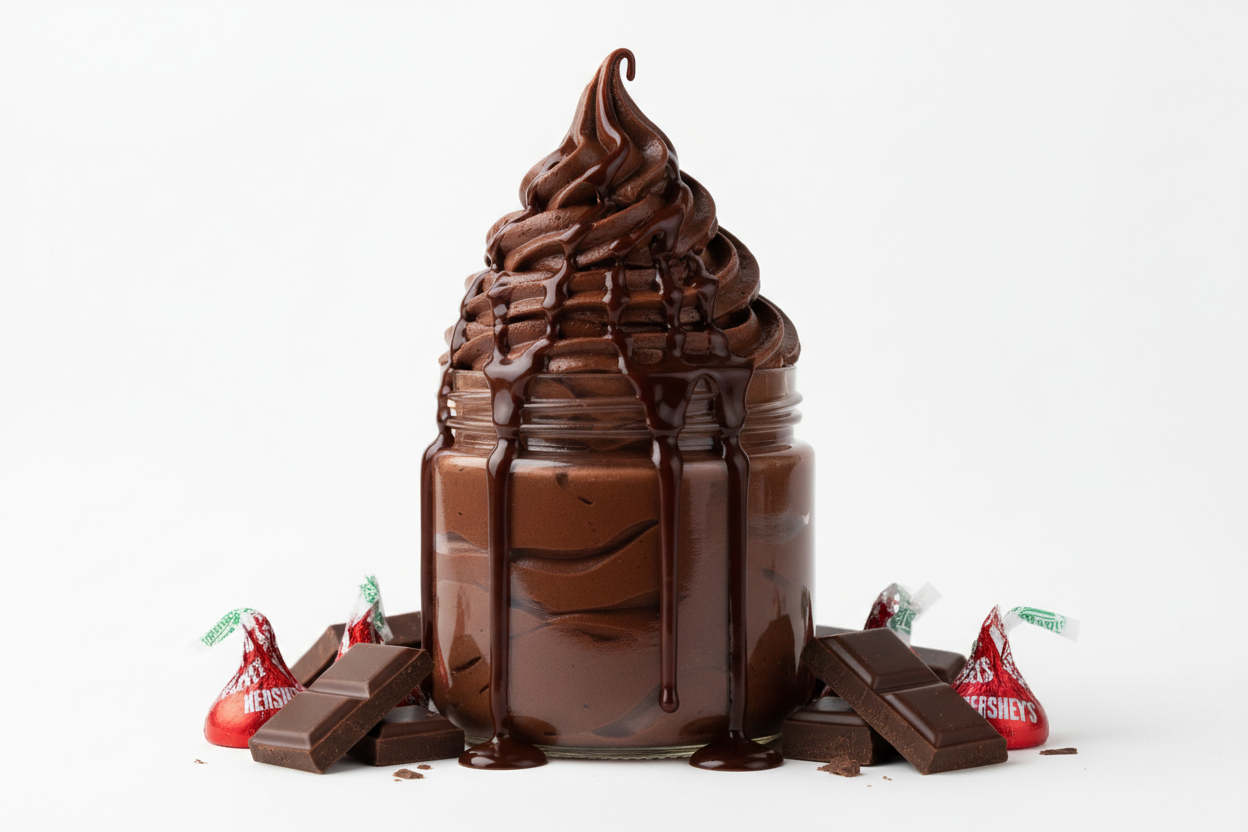 Make me a photorealistic photo of my Nolah Organics Dark Chocolate Whipped Body Butter. The body butter is in a clear jar and the butter is swirled high. The Body butter is a rich chocolate color. It has liquid chocolate dripping from the top of the swirl. It is surrounded by chocolate kisses and broken pieces of dark chocolate.