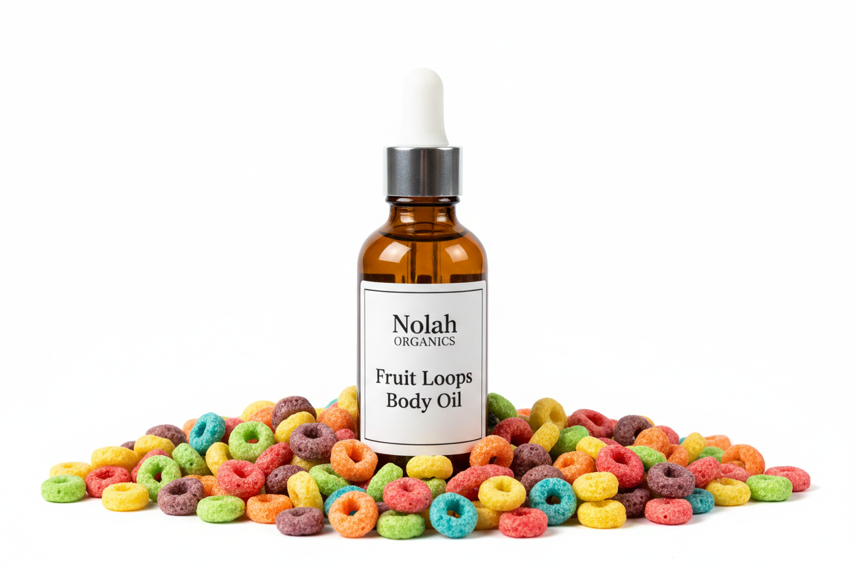 Make me a photorealistic photo of my Nolah Organics Fruit Loops Body Oil. The oil is in a brown dropper bottle. The label is white with black writing. There are brightly colored fruit loops surrounding the bottle.