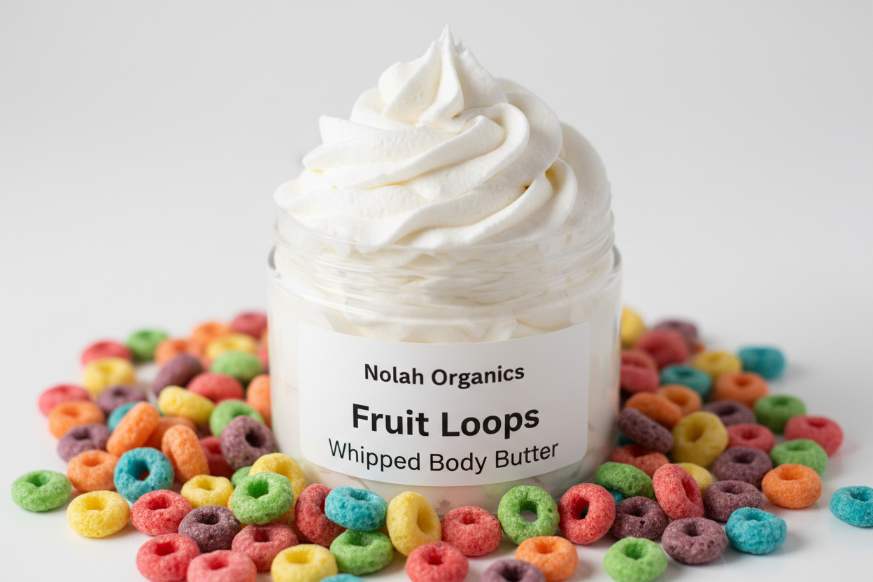 Make me a photorealistic photo of my Nolah Organics Fruit Loops Whipped Body Butter. The body butter is white in a clear jar and swirled high.  The label is white with black writing. There are bright colored fruit loops surrounding the jar.