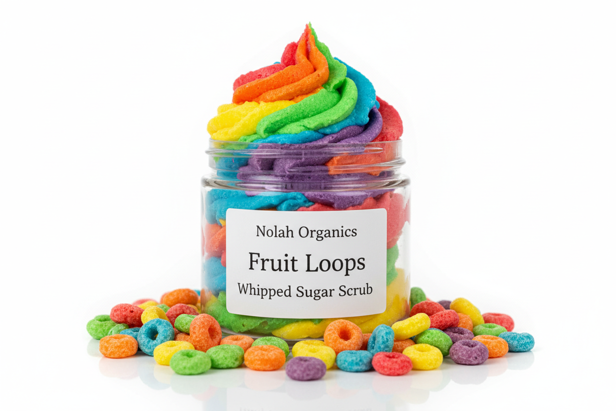 Make me a photorealistic photo of my Nolah Organics Fruit Loops Whipped Sugar Scrub. The colorful sugarscrub is in a clear jar and the scrub is swirled high. It has a white label with black writing. It is surrounded by brightly colored fruit loops.