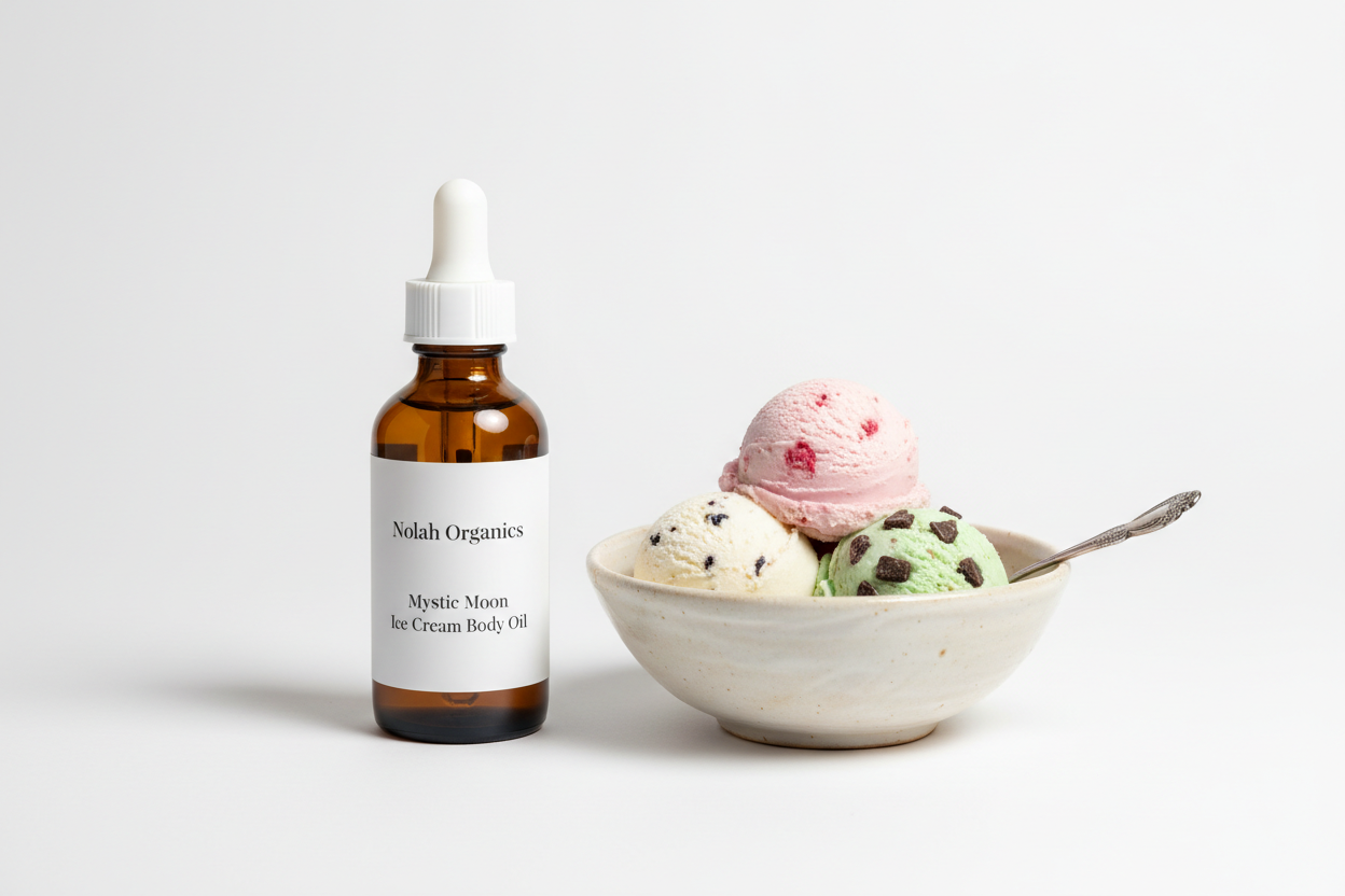Make me a photorealistic photo of my Nolah Organics Mystic Moon Ice Cream Body Oil in a brown dropper bottle. The label is white with black writing. There are bright Scoops of ice cream in a bowl next to the bottle.