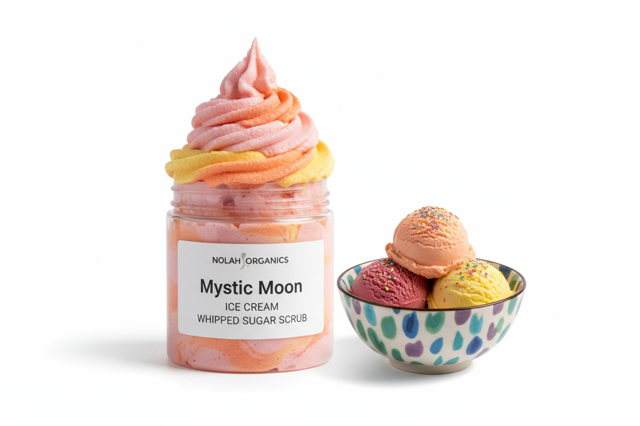 Make me a photorealistic photo of my Nolah Organics Mystic Moon Ice Cream Whipped Sugar Scrub. The Sugar scrub is in a clear jar and the sugar scrub is swirled high. The sugar scrub is a swirl of pink, orange and yellow. The label is white with black writing. There is a brightly colored bowl with scoops of colorful icecream.