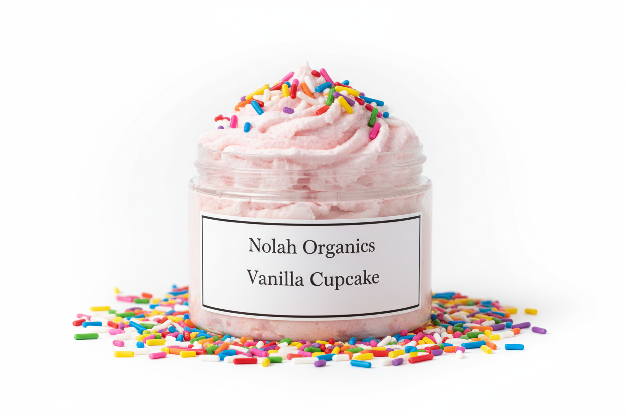 Make me a photorealistic photo of my Nolah Organics Vanilla Cupcake whipped sugar scrub. The whipped sugar scrub is white and light pink and there is a sprinkle or rainbow sprinkles on top of the swirl and around the jar. The label is white with black writing. 