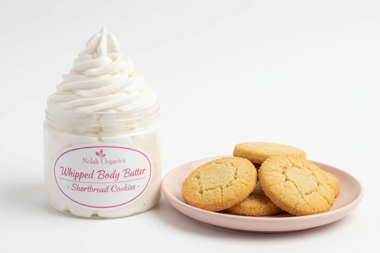 
Make me a photorealistic photo of my Nolah Organics Whipped Body Butter called Shortbread Cookies. The white body butter is in a clear jar and the butter is swirled high. The label is white with pink writing. There is a pink plate with shortbread cookies on it next to the body butter. 
